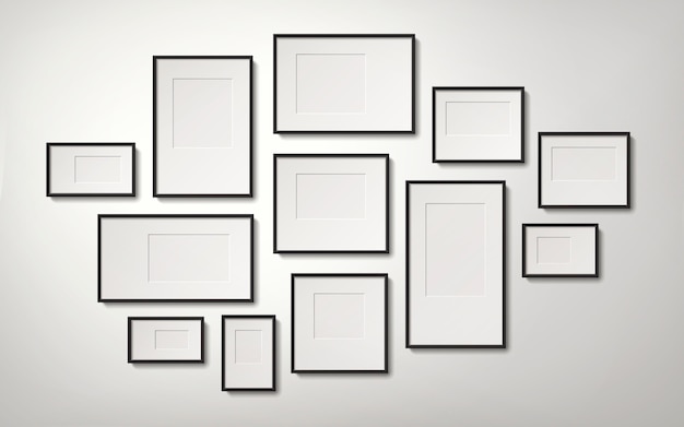 Vector realistic blank picture frames collection hanging on the wall, 3d illustration