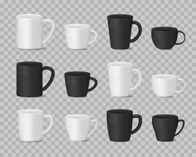 Vector realistic blank white and black coffee mug cups illustration