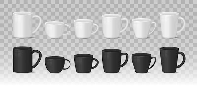 Realistic blank white and black coffee mug cups on transparent background. Hot drink container cup collection with shiny surface. Realistic 3D style.