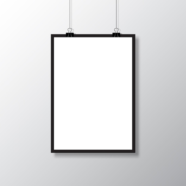 Realistic blank white paper hanging on clip mockup template vertical empty sheet with shadow vector illustration