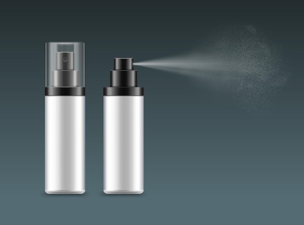 Vettore modelli di flaconi spray bianchi vuoti realistici con nebbia spray