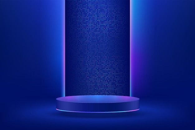 Realistic blue 3d cylinder pedestal podium in abstract room with neon light and shiny dots glitter