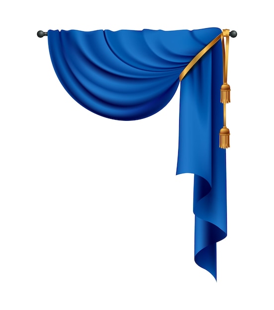 Vector realistic blue curtains composition with isolated image of luxury curtain with golden tie vector illustration