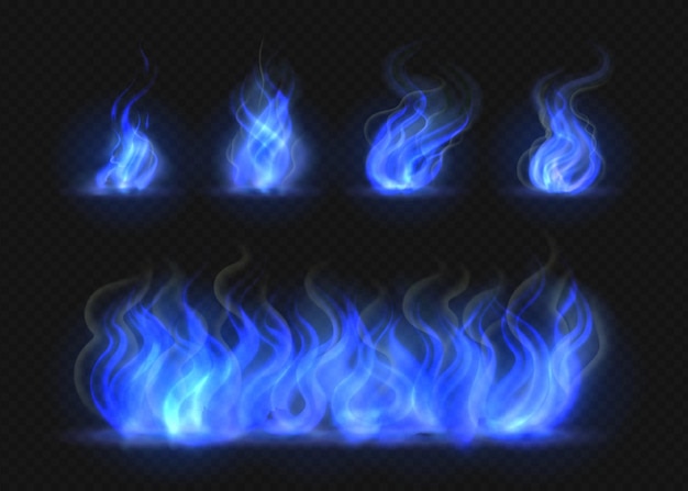 Vector realistic blue fire flames set. transparent torch effect, abstract blue light flare, campfire design template. isolated vector 3d illustration blazing gas effect