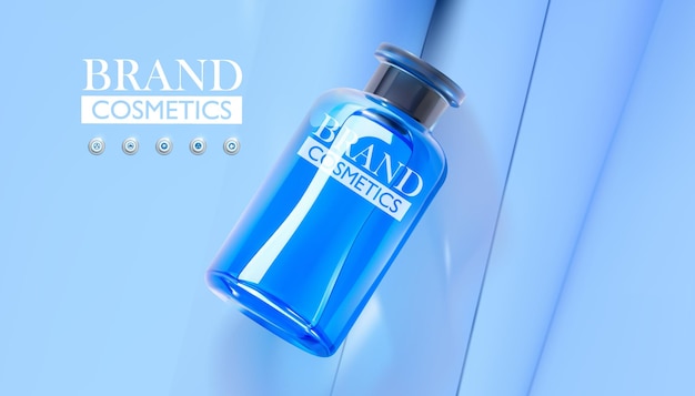 青い背景の化粧品ファンデーションクリームジェルスキンケアのための現実的な青いガラス瓶