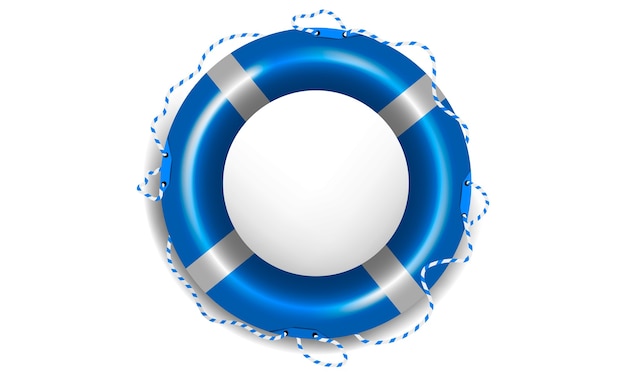 Vector realistic blue lifebuoy on white isolated background with rope