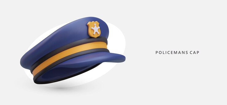 Realistic blue policeman cap in cartoon style side view