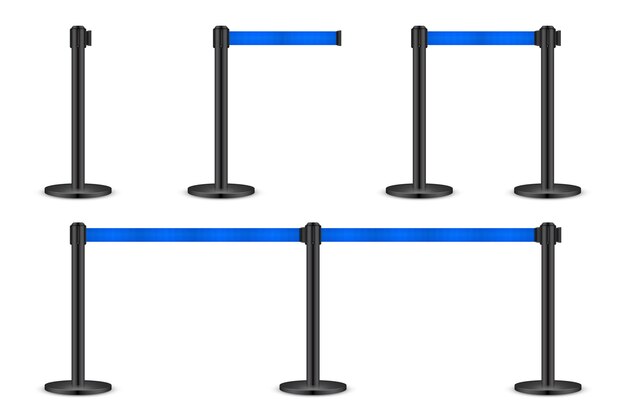 ベクトル 現実的な青い格納式ベルト支柱注意ストラップ付き群衆制御バリアポストキューライン制限境界線と危険テープ注意警告サインベクトルイラスト
