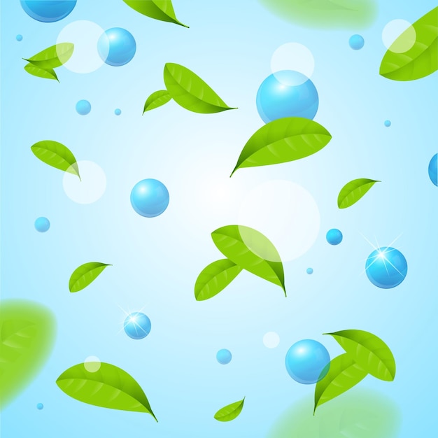 Realistic Blue Sphere or Bubble Elements and Fly Green Leaves Background Vector