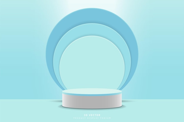 Realistic blue and white cylinder podium with three round circle shape backdrop in studio room