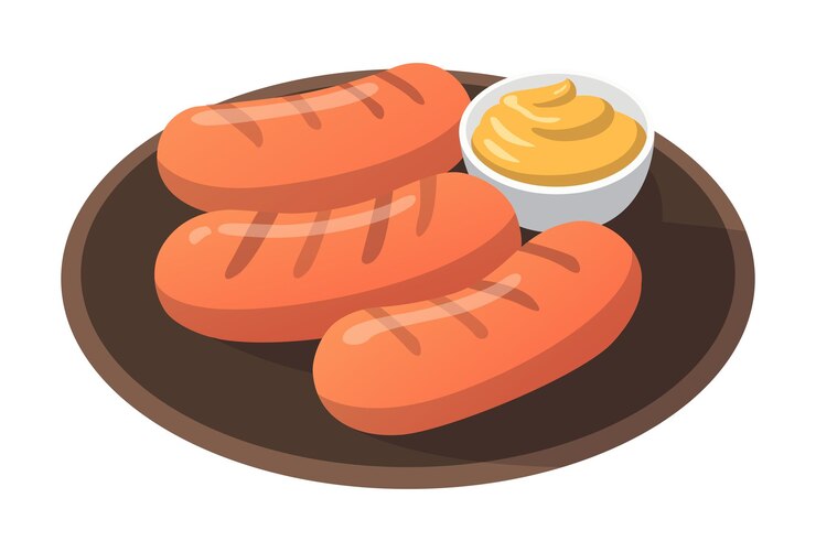 흰색 배경 벡터 일러스트 레이 션에 소스와 함께 현실적인 삶은 튀긴 소시지