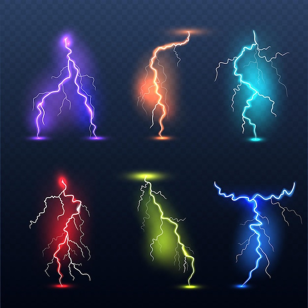 Realistic bolt. electricity colored symbols danger glowing light electric lamp decent vector set. illustration lightning charge, flash electricity