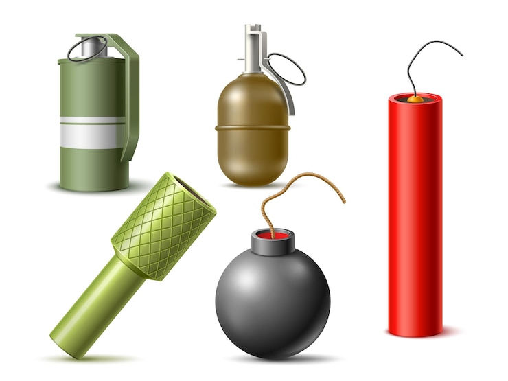 Vector realistic bombs different explosives types hand grenades with check dynamite round classic bomb with fuse mass defeat weapon explosive military 3d elements utter vector set