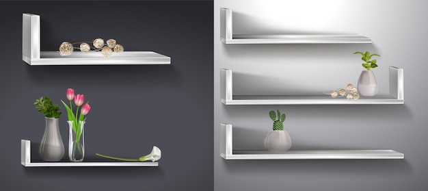 Vector realistic bookshelf with flowers white plywood empty wall shelf