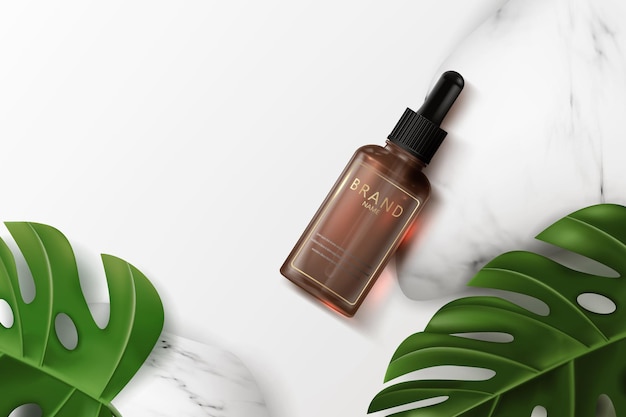 A realistic bottle of essence on a light background with decorative stones and monstera leaves.