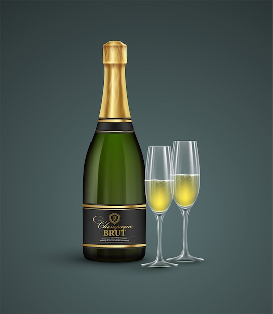 Realistic bottle and glasses of champagne