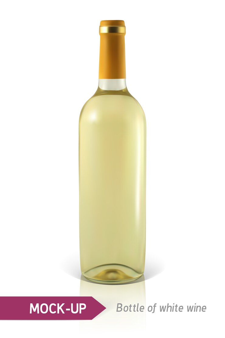 Vector realistic bottle of white wine on a white background with reflection and shadow.