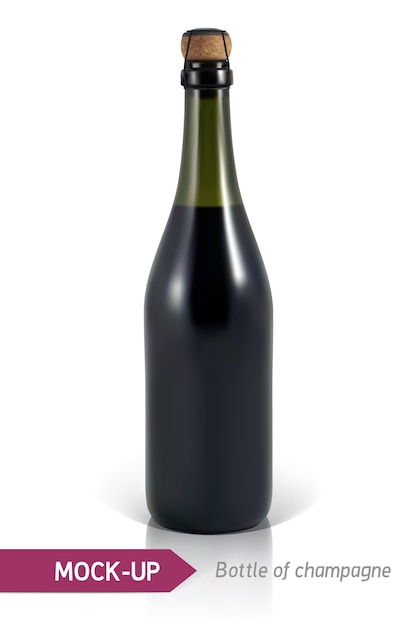 Bottiglie di champagne realistiche con riflesso e ombra. modello per la progettazione di etichette.