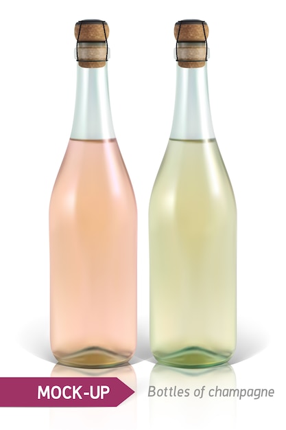 Вектор Реалистичные бутылки шампанского на белом фоне с отражением и тенью. шаблон для этикетки.