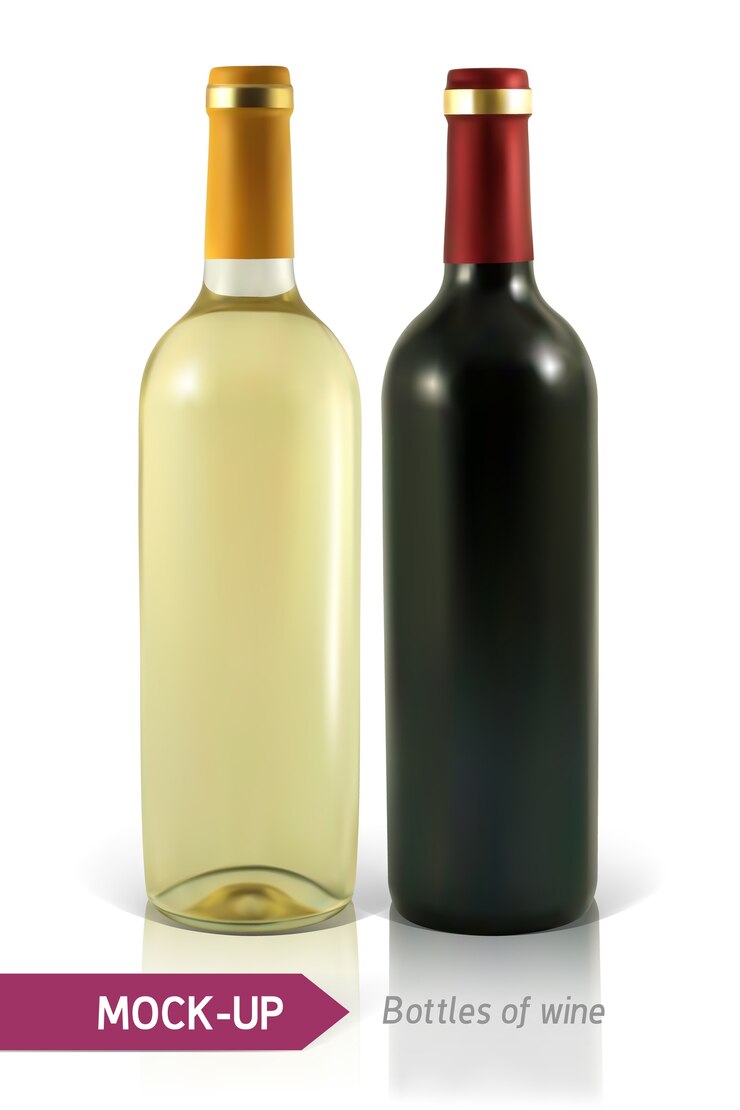 Vector  realistic bottles of white and red wine on a white background with reflection and shadow. template for wine label .