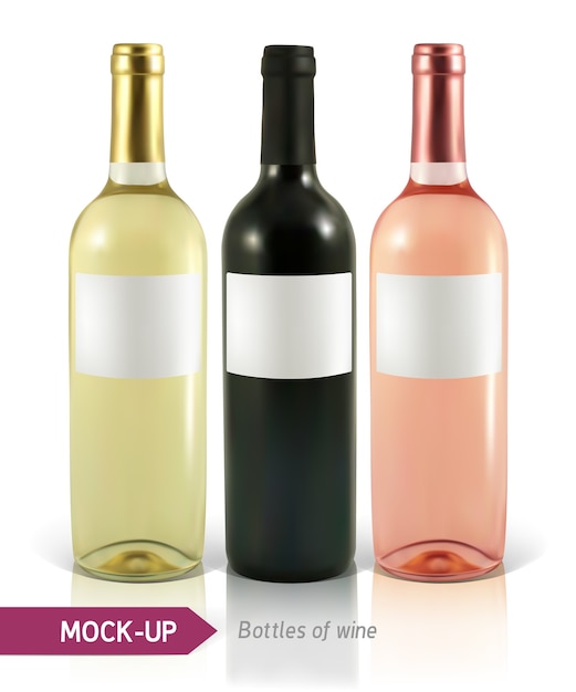 Realistic bottles of wine on a white background with reflection and shadow