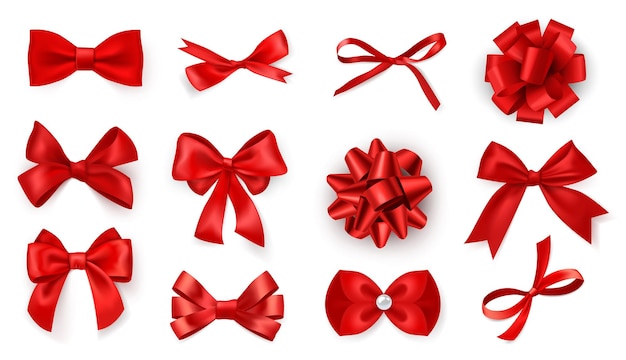 Realistic bow set. Red silk ribbons with bows festive decor satin rose, luxury elements for holiday packaging, wrapping and design, elegant gift tape 3d vector decor set isolated on white background