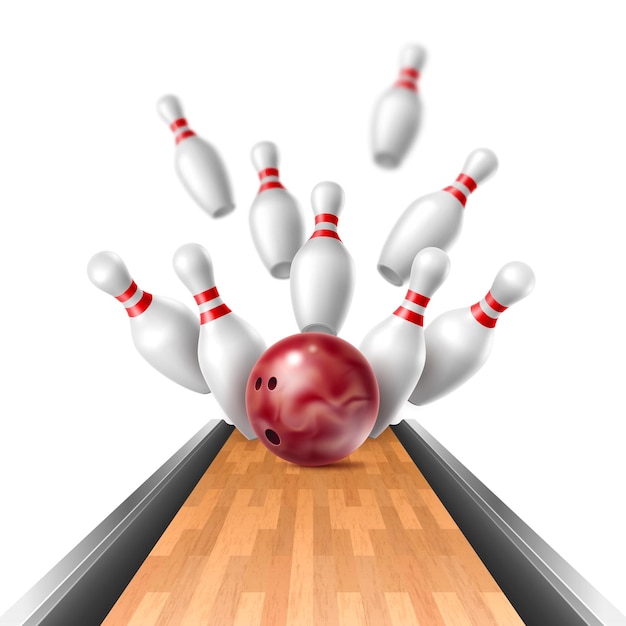 Realistic bowling strike Hitting ball on pins moment flying 3d isolated on white background element wooden alley playing championship game equipment bowl game sport vector concept