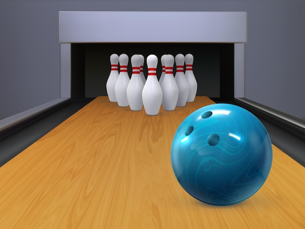 Realistic bowling wood lane with rolling ball and skittle pins sport bowl game competition alley bowling club playing vector background equipment for professional or hobby activity