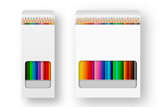 Realistic box of colored pencils icon set closeup isolated on white background.