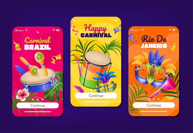 Realistico template di progettazione di app di carnevale brasiliano con foglie tropicali e strumenti musicali