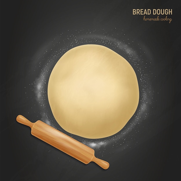 Realistic bread dough flour with text and composition of flatten dough flour and rolling pin