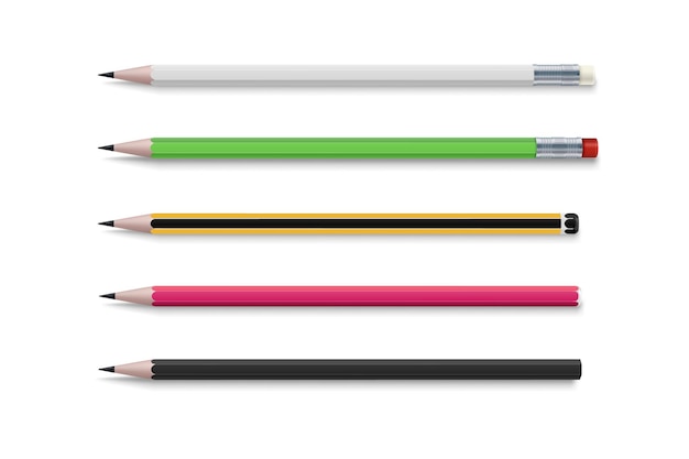 Realistic bright. 3d pencil set for paper design. realistic vector set of classic simple wooden graphite pencils. mockup template. white background. business icon.