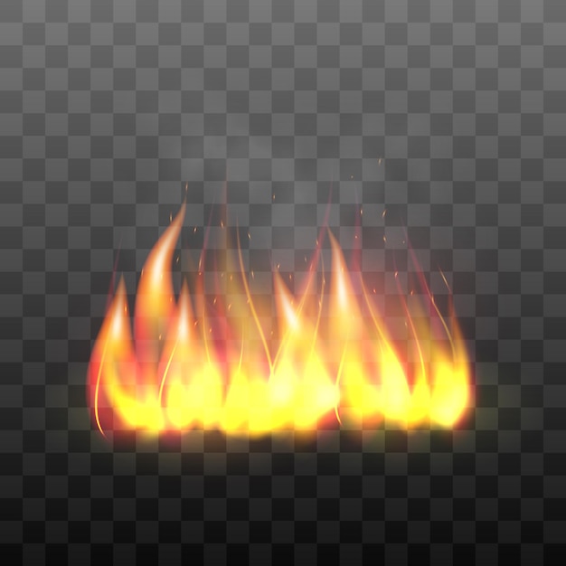 Realistic bright blazing campfire effect Flaming bonfire flame graphic design element Vector illustration of fire isolated on black transparent background