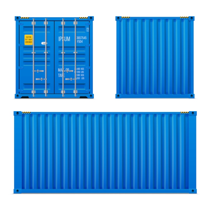 Vector realistic bright blue cargo container set. the concept of transportation. closed container. front, back and side. realistic vectors set