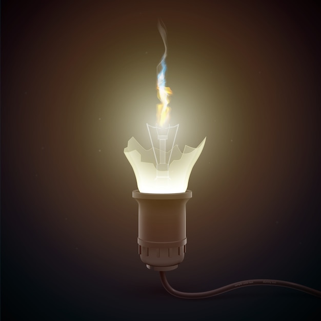 Realistic broken bulb with fire inside lights all around