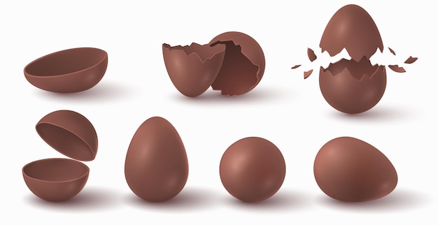 Uova di cioccolato di pasqua rotte, incrinate ed esplose realistiche. mezza palla di cioccolato. apri l'uovo a sorpresa dolce. set vettoriale di dolciumi al cacao scuro