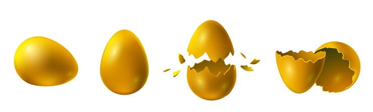 Vector realistic broken and exploded easter golden chicken eggs surprise egg gift with gold eggshell luxury money and success concept vector set