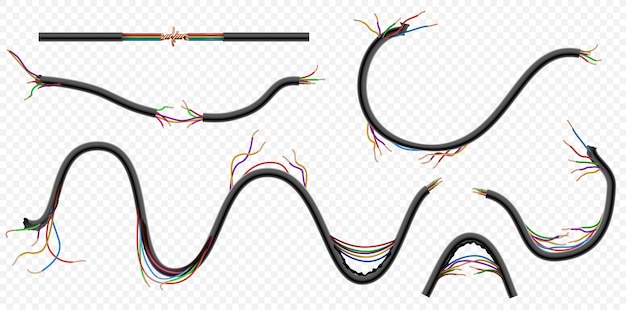 Realistic broken and torn copper electric power wires. Damaged cables with cuts. Disconnect communication cord. Danger power wire vector set. Dangerous uninsulated cable connectors