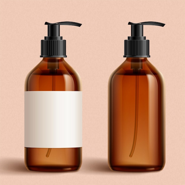 Realistic brown cosmetic bottles on peach pink background one with white blank label