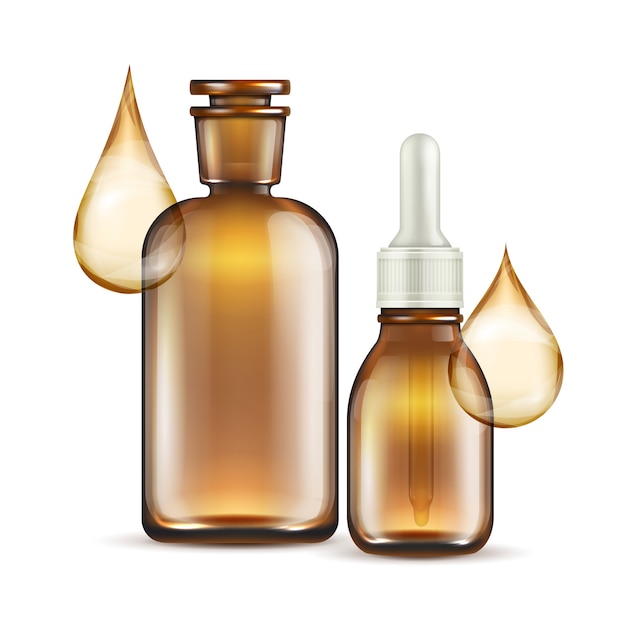 Vector realistic brown glass bottles for oil cosmetics