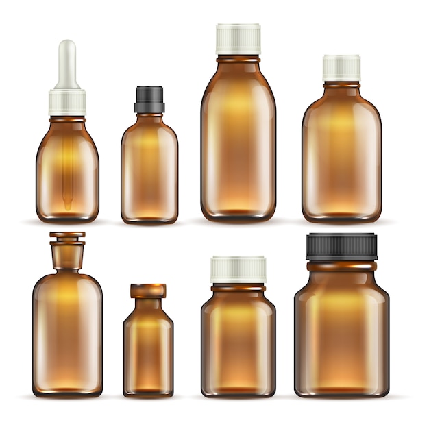 Realistic brown glass medicine and cosmetic bottles, medical packaging isolated set.