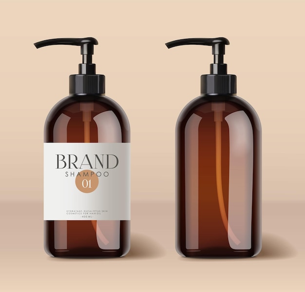 Vector realistic brown shampoo bottle cosmetic isolated product packaging mockup pastel background