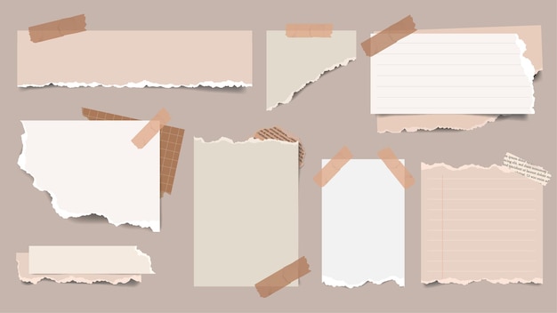 Realistic Brown torn ripped paper sheets collection with washi tape