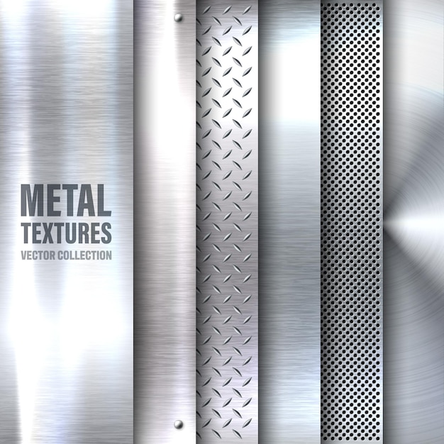 Vector realistic brushed metal textures set polished stainless steel background vector illustration