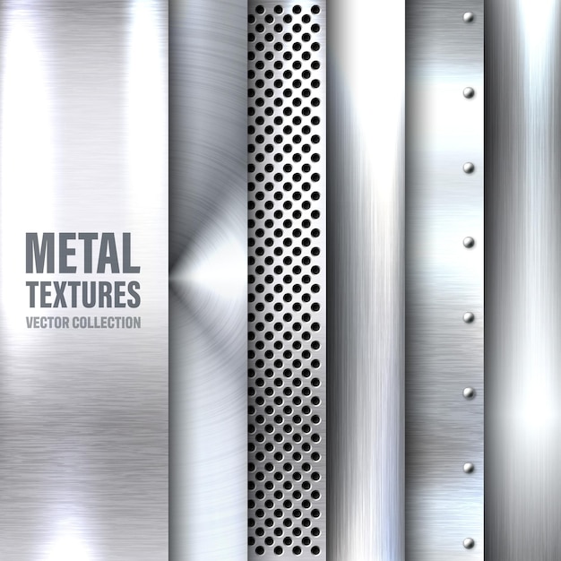 Vettore realistico set di texture metalliche spazzolate in acciaio inossidabile lucidato illustrazione vettoriale di sfondo