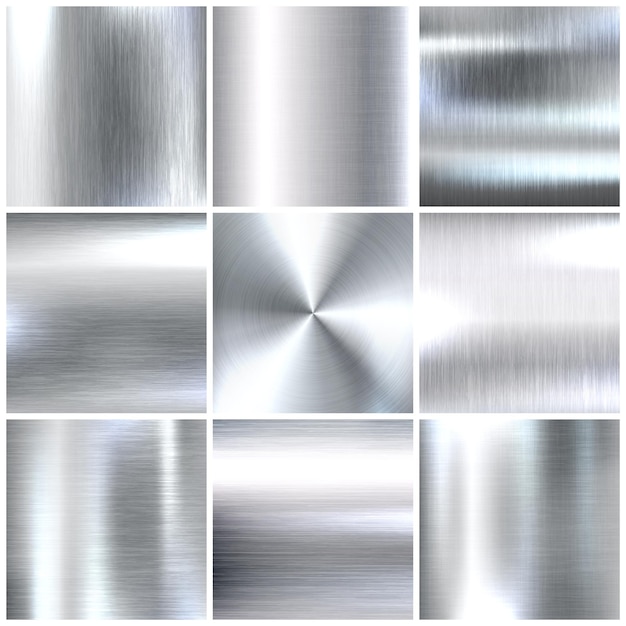 Vector realistic brushed metal textures set polished stainless steel background vector illustration