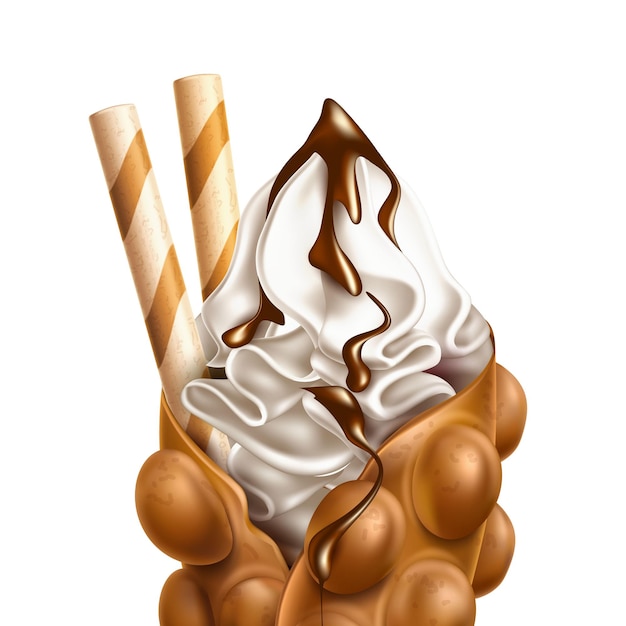 realistic bubble waffle with sweet vanila cream and chocolate