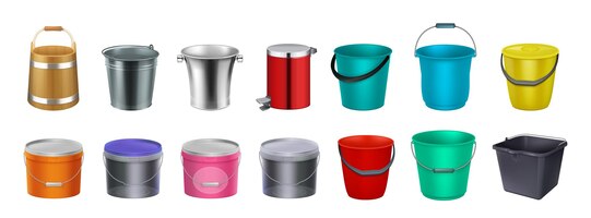 realistic buckets paint packaging metal bucket isolated 3d products plastic container mockup and wood bin vector design