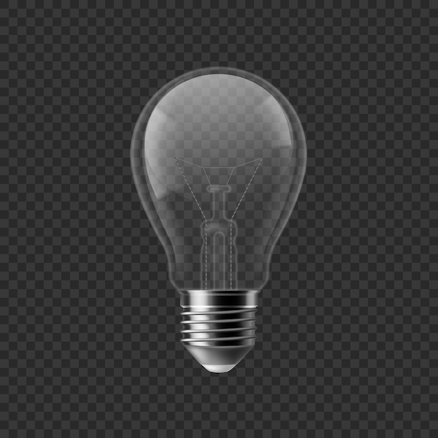 Realistic bulb. turned off isolated on transparent background 3d lamp, incandescent or fluorescent illumination, electrical equipment, creative idea, inspiration and think symbol, vector single object