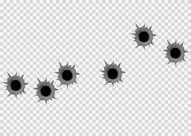 Vector realistic bullet holes from a firearm in a metal plate are isolated on transparent background. torn hole in the metal plate from bullets. illustration,  .